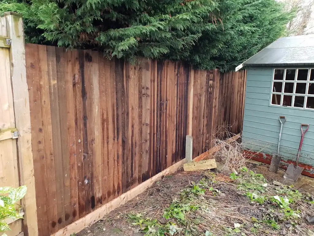 Storm-damaged rotten timber fence before repair and replacement by Bracknell Fencing LTD in Berkshire