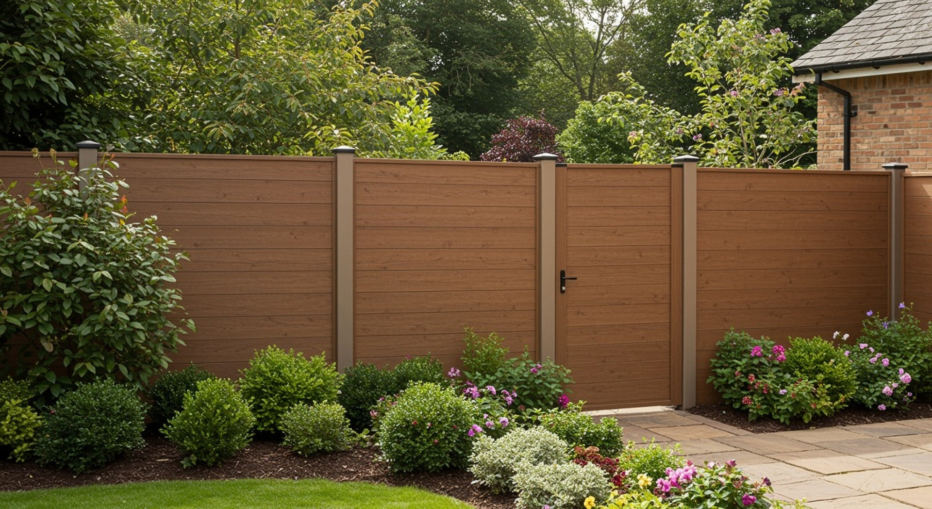 Brown composite fence panels with grey posts and a matching composite gate in a landscaped garden